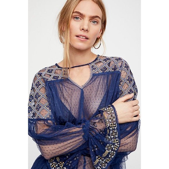 Free People Blue Gold Joy Ride Sheer Embroidered Poet Sleeve Top, Sz M, NWT $148 - Picture 3 of 10